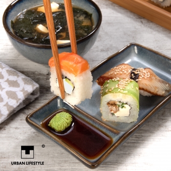 Sushi Set Misaki, bestehend aus Teller, Schale und Esstäbchen für 2 Personen Graublau